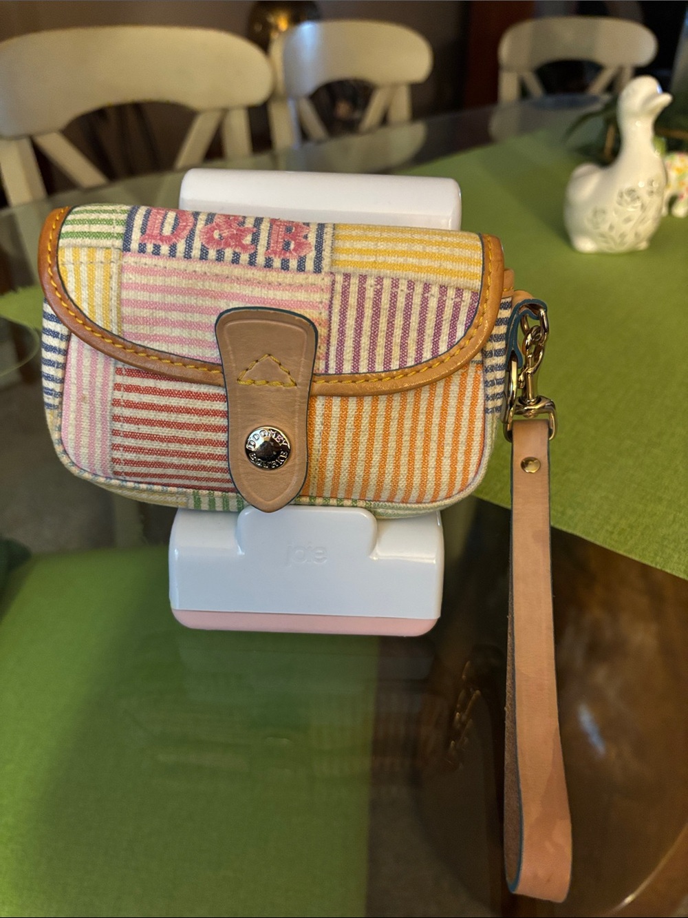 Dooney & Bourke Multicolor Striped Canvas Wristlet with Tan Leather Trim